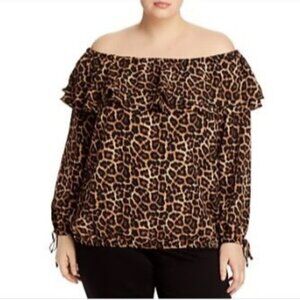 Michael Kors Plus Size Animal Print Off-The-Shoulder Top 0X Brown Leopard Artsy